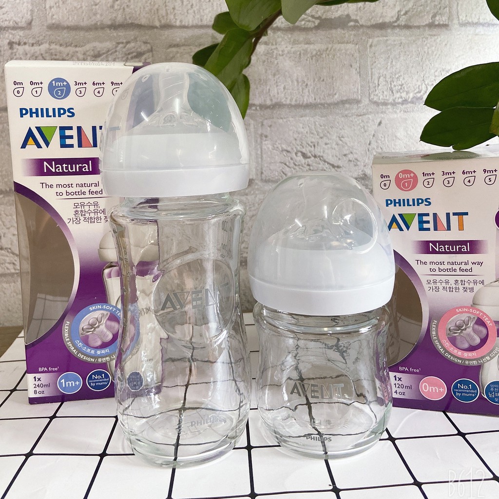 [Sx tại Pháp] BÌNH SỮA THỦY TINH Philips Avent Natural  120/240ML 100% Chính Hãng [Hỗ trợ đổi Size Núm]