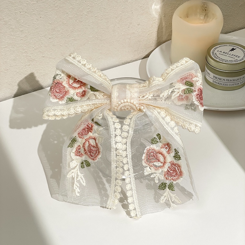 Kẹp Tóc Nơ Lớn Thêu Họa Tiết Phong Cách Hàn Quốc Cho Nữ