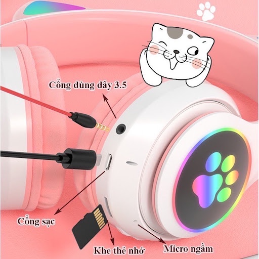 Tai nghe chụp tai Bluetooth mèo cute, headphone chân mèo không dây dễ thương, tai phone gaming có mic, đèn led siêu đẹp