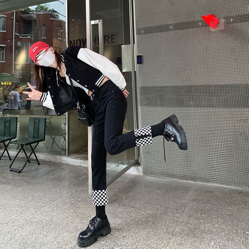 Jiashucheng Quần Jean Dài Tới Mắt Cá Chân Dáng Ôm Lưng Cao Ghép Mảnh Ghép Nối Thiết Kế Ca Rô Nhỏ Dễ Phối Đồ Cho Nữ