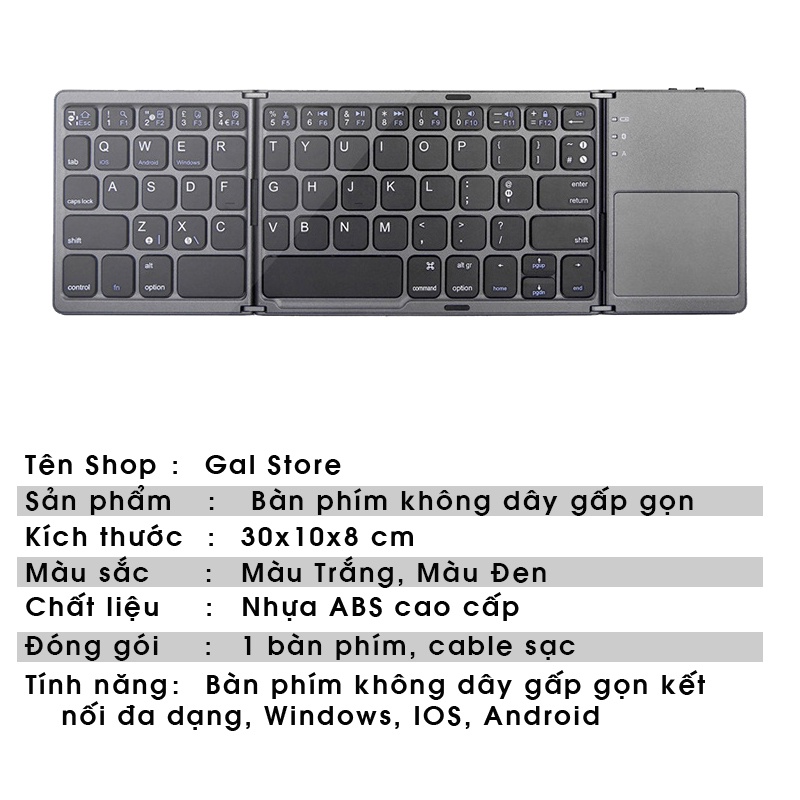 Nội Địa Trung Bàn Phím Không Dây Mini Gấp Gọn Bluetooth Tích Hợp Touchpad B033 – Có độ nhạy gấp 3 lần kết nối tự độn