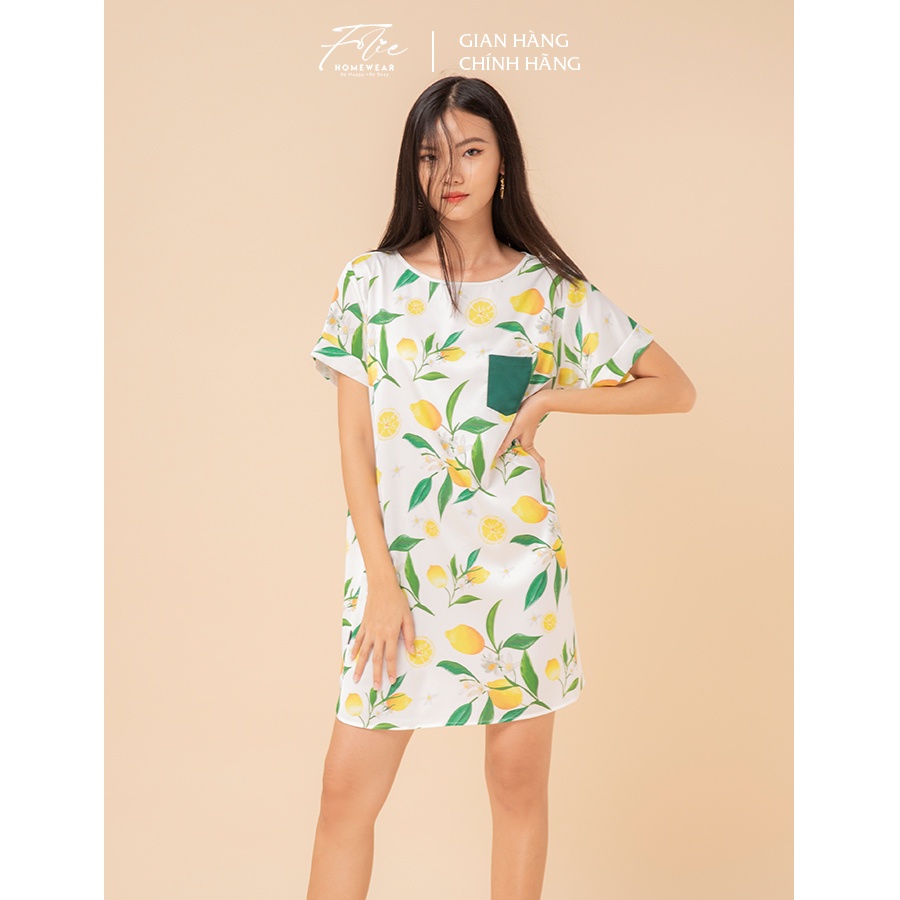 Folie Homewear đầm lụa mặc nhà họa tiết freesize 2 màu FD18