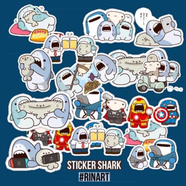SET 100 STICKER CÁ MẬP NHẬT BẢN SIÊU DỄ THƯƠNG DÁN TRANG TRÍ ĐIỆN THOẠI LAPTOP VALI MŨ BẢO HIỂM XE MÁY TỦ KỆ,...