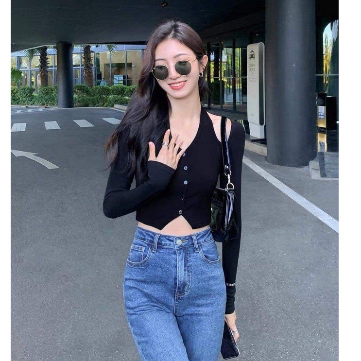 Áo thun ôm tay dài kiểu yếm khoét vai chất thun gân tăm dày dặn- AO040
