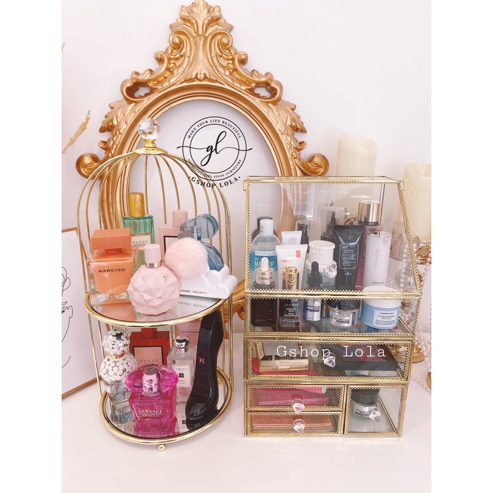 Tủ đựng mỹ phẩm, skincare thủy tinh khung gold cứng cáp nhiều tầng