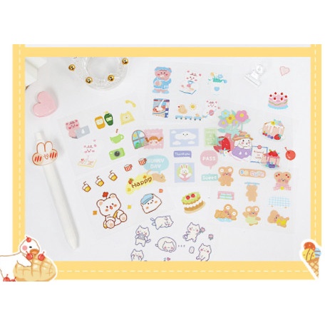 Set 4 tờ sticker dạng washi nhám độc đáo thỏ, gấu, bong bóng trò chuyện hoạt hình dễ thương