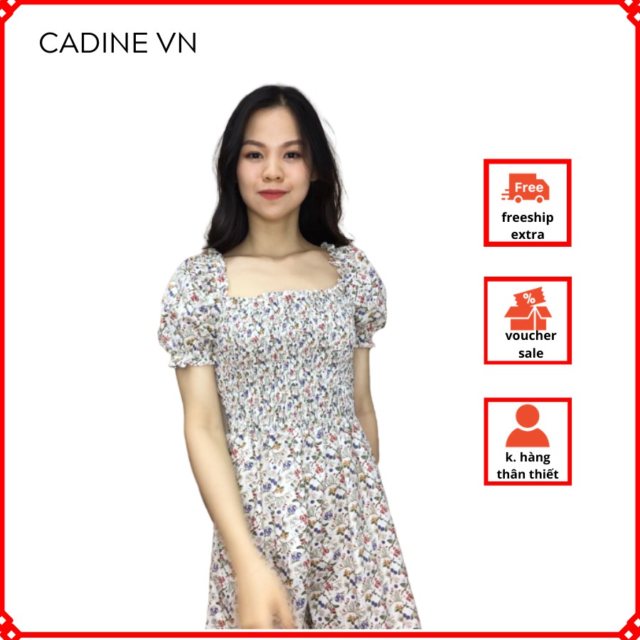 Váy jum nữ hoa nhí cổ vuông tay ngắn bo eo co dãn 4 chiều mặc cực đẹp CADINE