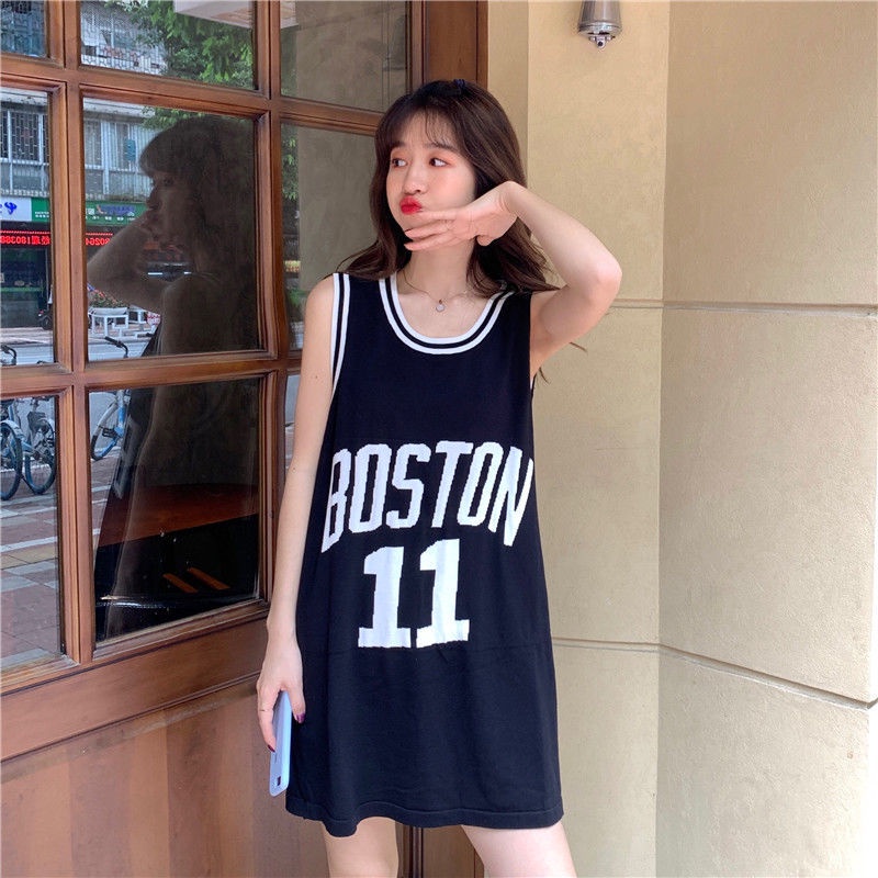 Jiashucheng Áo Thun Bóng Rổ Dệt Kim Không Tay Dáng Rộng In Chữ Phong Cách bf Hong Kong Cho Nữ Sinh