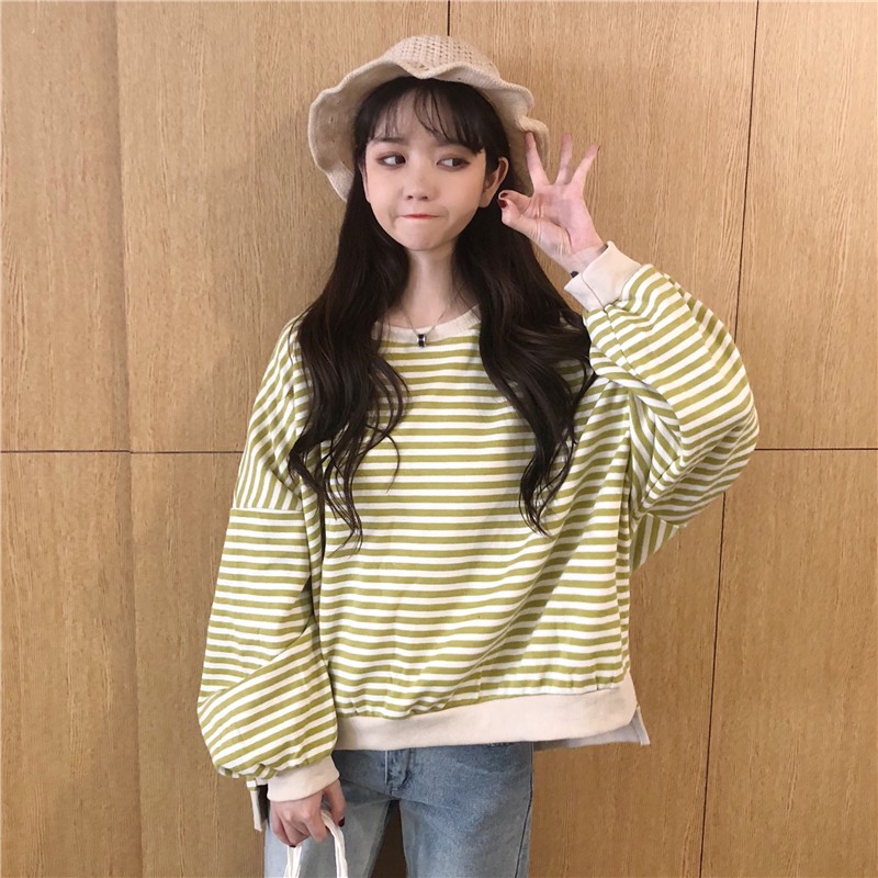 Áo Sweater Mỏng Tay Dài Cổ Tròn Kẻ Sọc Thời Trang Xuân Thu 2020 Mới Cho Nữ