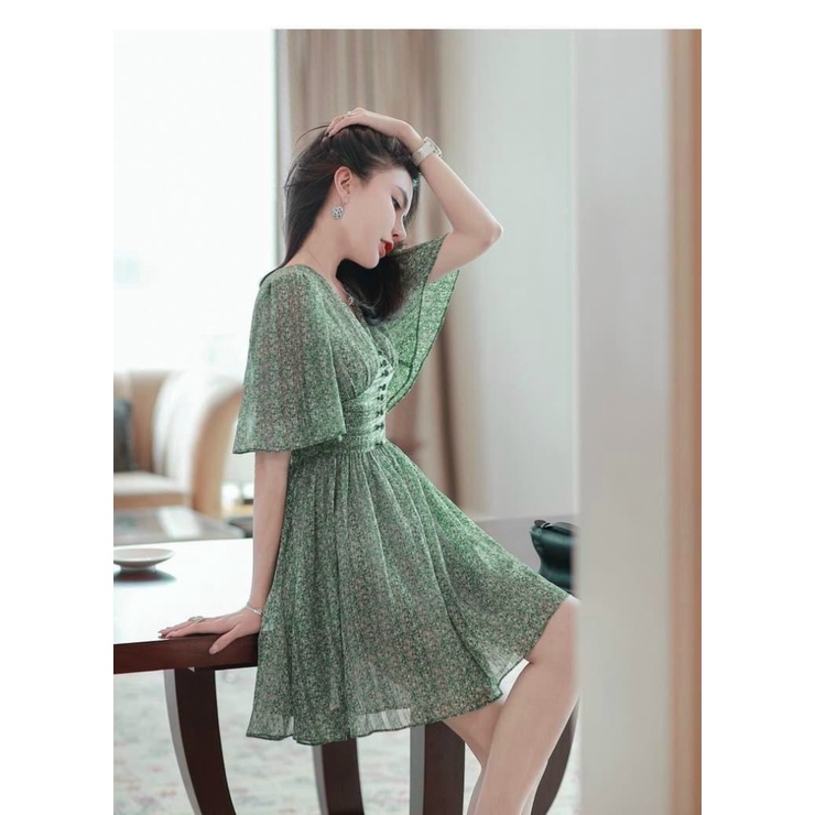 (Free ship) Mẫu HOT Đầm Voan Thắt Eo Cổ V Freesize Cho CHị Em Từ 40-55kg UP HHP Fashion