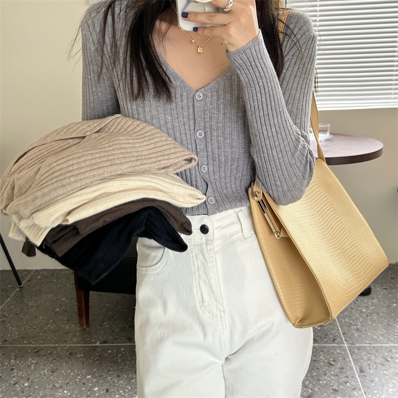 SUXI Áo Cardigan Dệt Kim Tay Dài Cổ Chữ V Màu Sắc Đơn Giản Cho Nữ