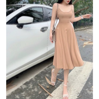 đầm 2 dây dáng xòe, chất thun gân lth