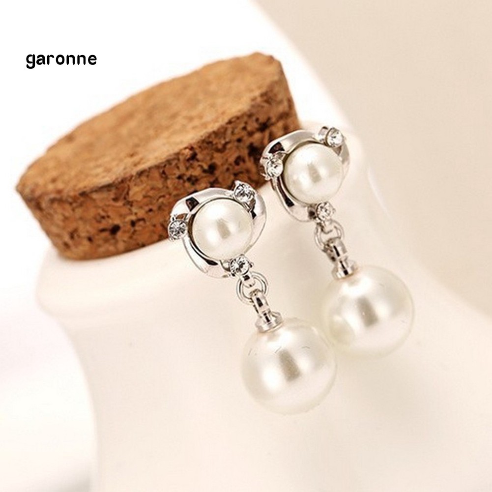 GA_Elegant Princess Shiny Rhinestone Dangle Round Imitation Pearl Stud Earrings