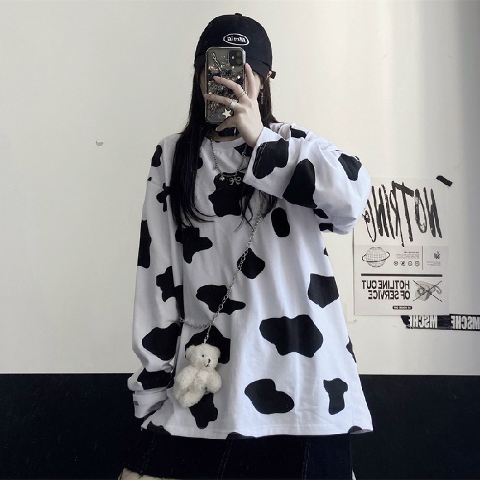 Áo thun tay dài kiểu bò sữa form rộng Unisex, Sweater bò sữa Hot trend 2021