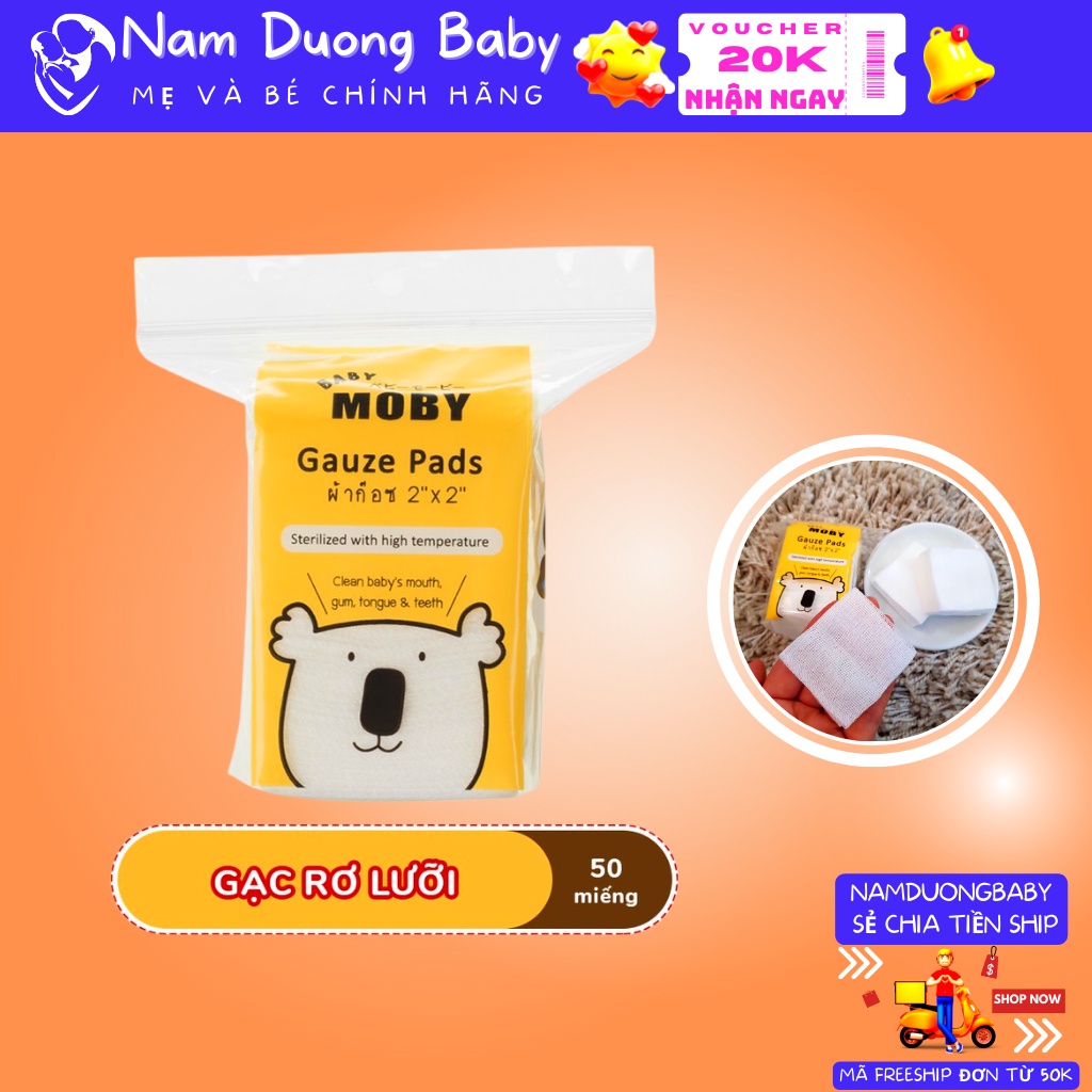 Tưa lưỡi cho bé | Rơ gạc lưỡi cho bé sơ sinh Moby Thái Lan gói 50 miếng - An toàn cho bé sơ sinh.