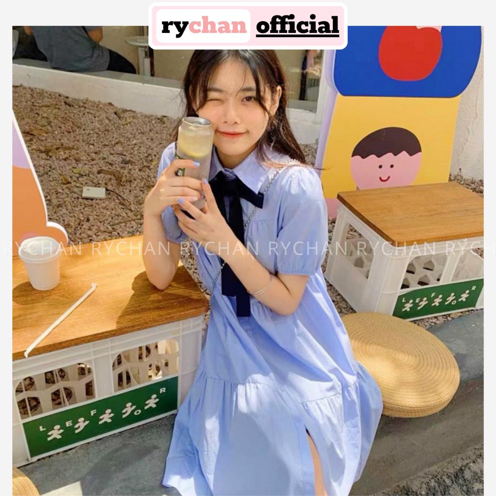 Đầm Nữ Cổ Sơ Mi Tay Ngắn Phối Nơ Cổ Xinh Xắn, Đầm Babydoll Đi Picnic Dáng Xòe Tầng Màu Xanh - DX167