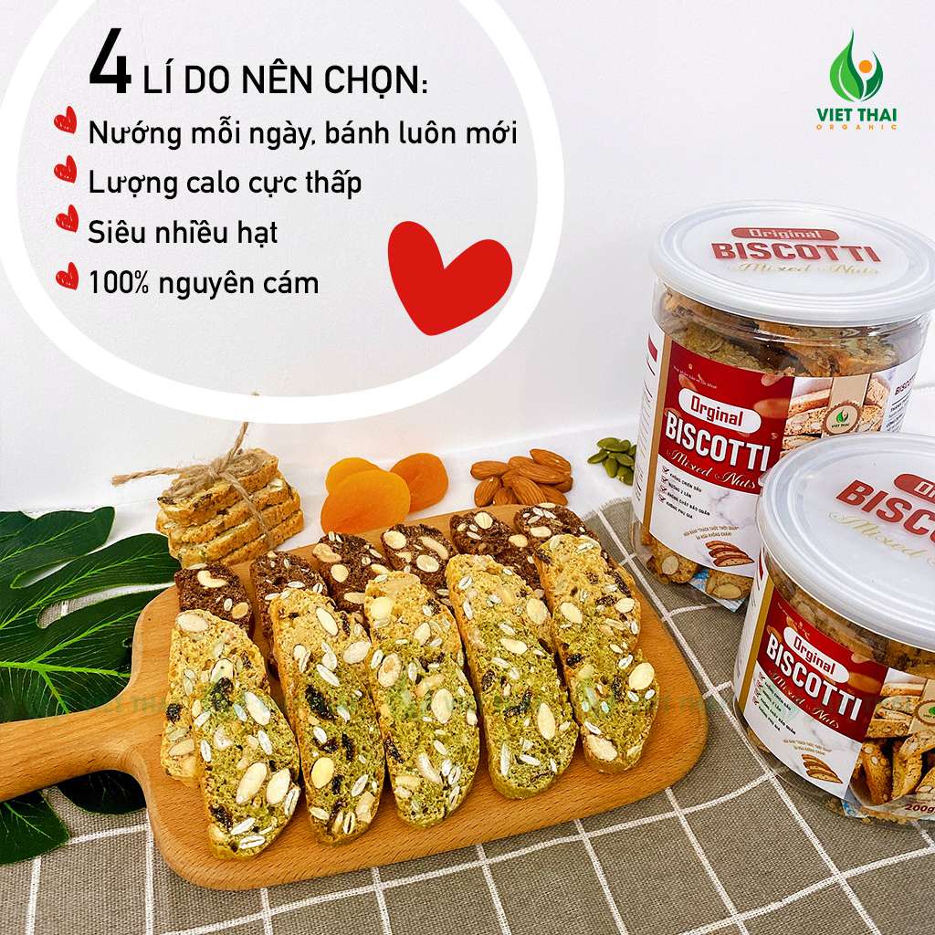 Bánh Biscotti Matcha ăn kiêng, giảm cân heathly 100% nguyên cám, siêu hạt ăn sáng dinh dưỡng Việt Thái Organic