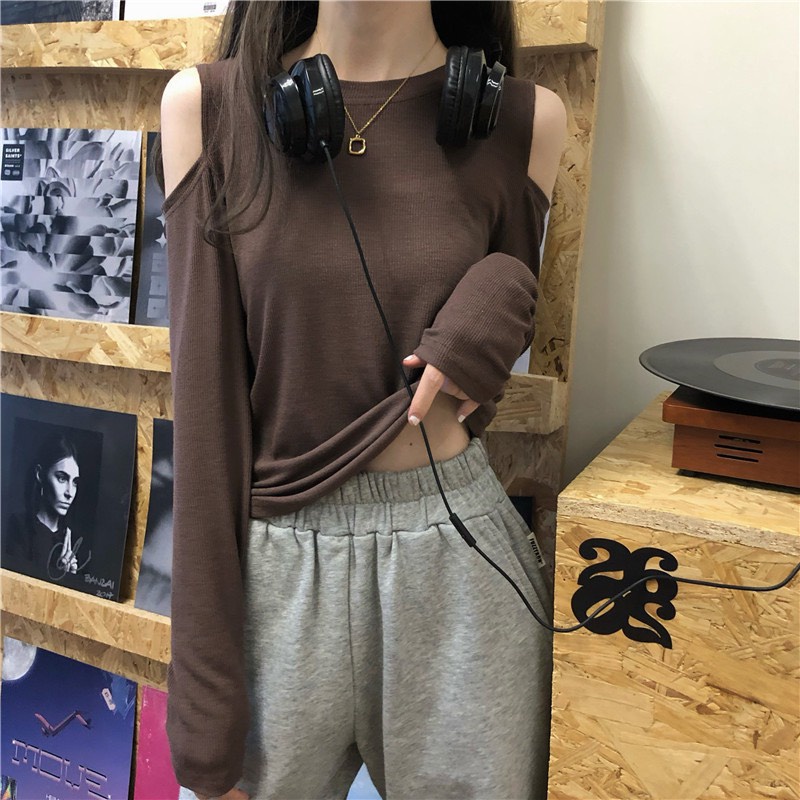 FREESHIP Áo Thun Mỏng Khoét Vai Tay Dài Cho Mùa Thu Phong Cách Hàn Quốc, Áo Dài Tay Nữ Tính