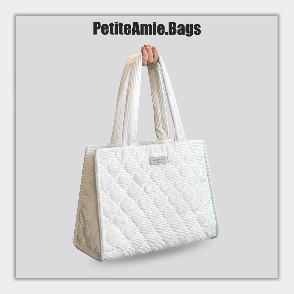 [𝐏𝐞𝐭𝐢𝐭𝐞𝐀𝐦𝐢𝐞.𝐁𝐚𝐠𝐬] Túi Tote Trắng Vải Nhung Kiểu Dáng Basic May Chần Bông