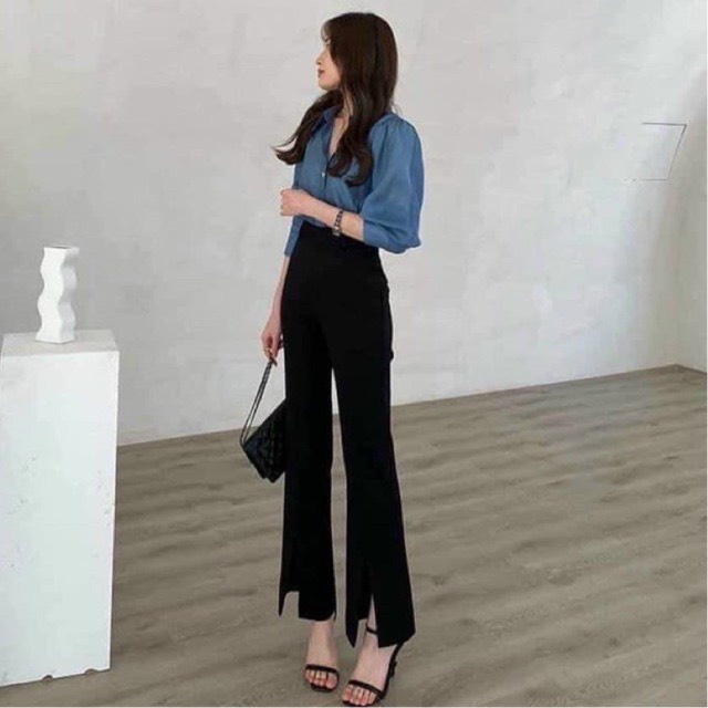 Quần Ống Loe Cạp Cao Xẻ Gấu Siêu Hách Dáng, Quần Tây Ống Loe Cạp Cao Chất Vải Tuyết Mưa