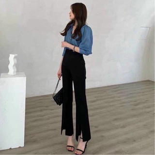 Quần tây cạp cao ống loe xẻ gấu siêu hách dáng, quần vải cạp cao ống loe xẻ gấu