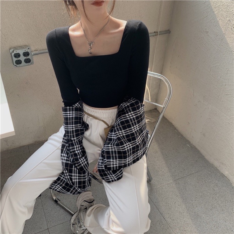 Áo CropTop Tay Dài Cổ Vuông Ôm Body Có Miếng Đắp Cổ