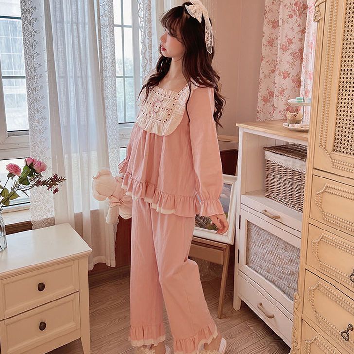 Bộ Đồ Ngủ Tay Dài Cổ Vuông Màu Trơn Dễ Thương Phong Cách Nhật Bản Thời Trang Xuân Thu Cho Nữ