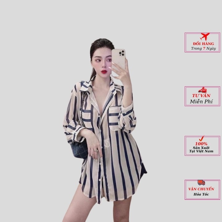 set áo sơ mi nữ form rộng kiểu kẻ sọc xanh trắng đẹp dài tay hàn quốc cao cấp,Chất vải tằm voan cực mát kiểu YoLoFashion