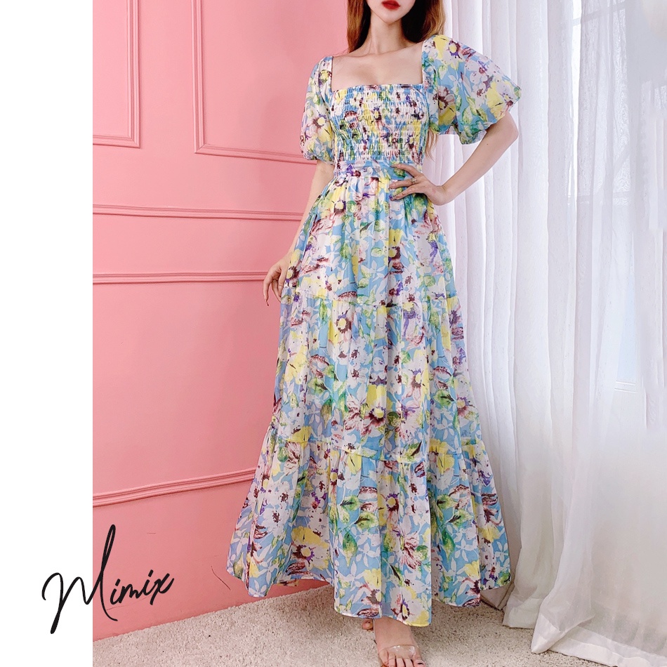 Đầm maxi hoa tầng cổ vuông tay ngắn phồng MMIMX BP0205 | BigBuy360 - bigbuy360.vn