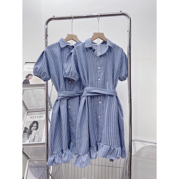 Váy sơ mi suông kẻ xanh đuôi bèo kèm đai siêu xinh