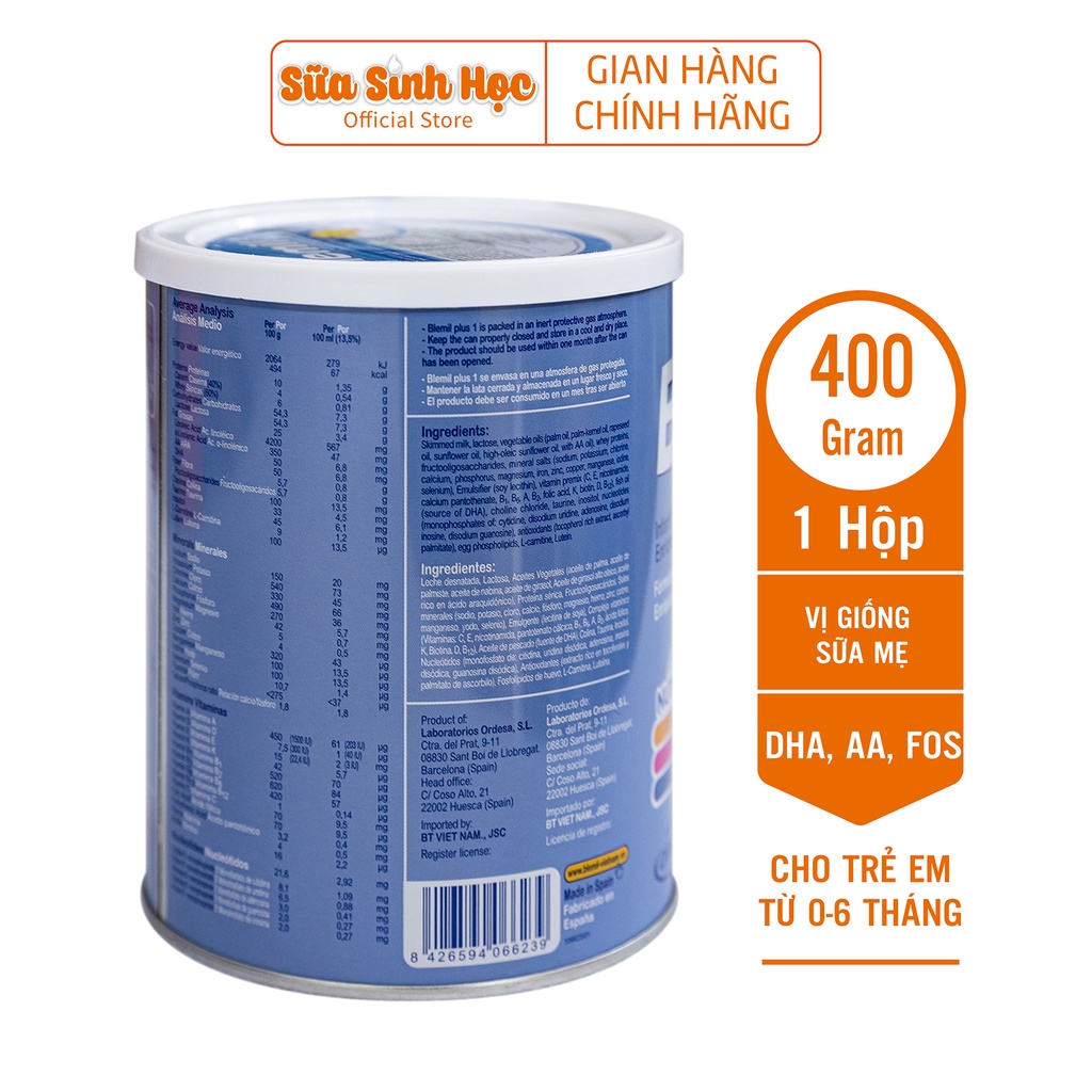 Sữa bột sinh học Blemil Plus 1 nhập khẩu Tây Ban Nha cho trẻ sơ sinh 400g