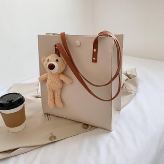 Túi Tote Da Bò Thật Đính Kèm Gấu Bông Cực Xinh Ulzzang Hàn Quốc XT10