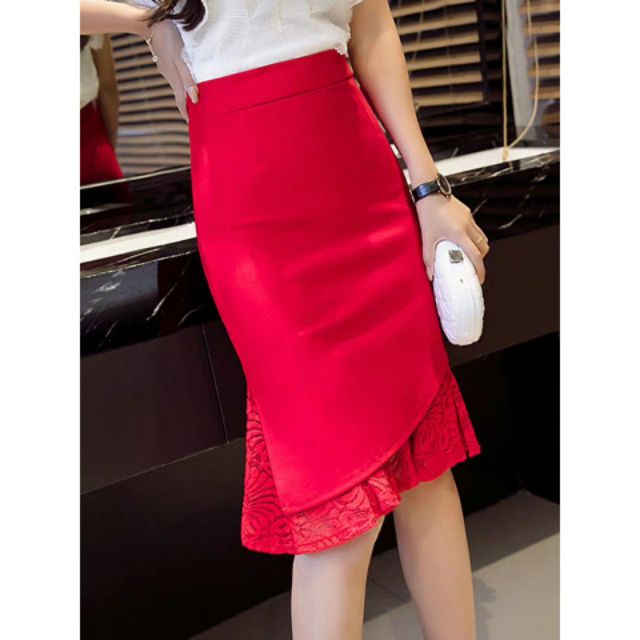 chân váy bút chì phối ren cá lệch tà chất vải umi nhập khẩu
