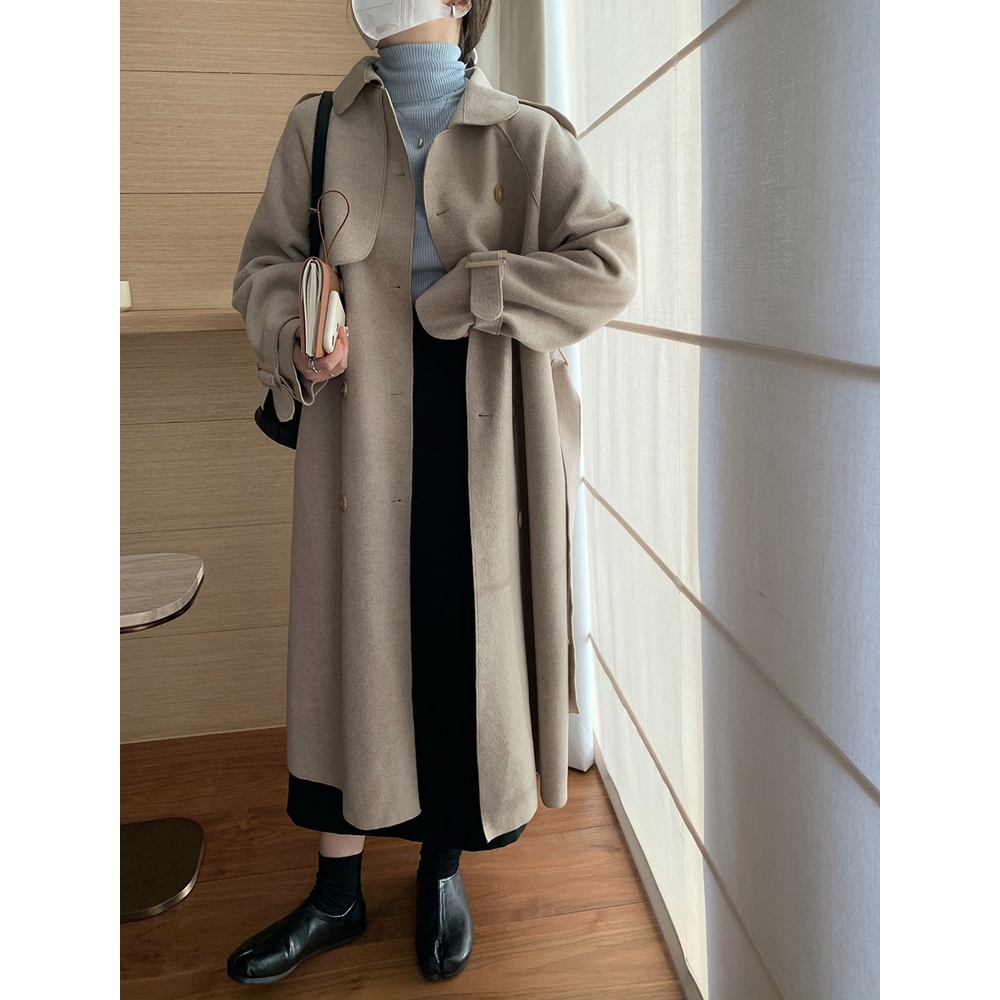 Áo dạ nữ thanh lịch áo khoác dạ dáng dài khoác dây mùa thu và mùa đông