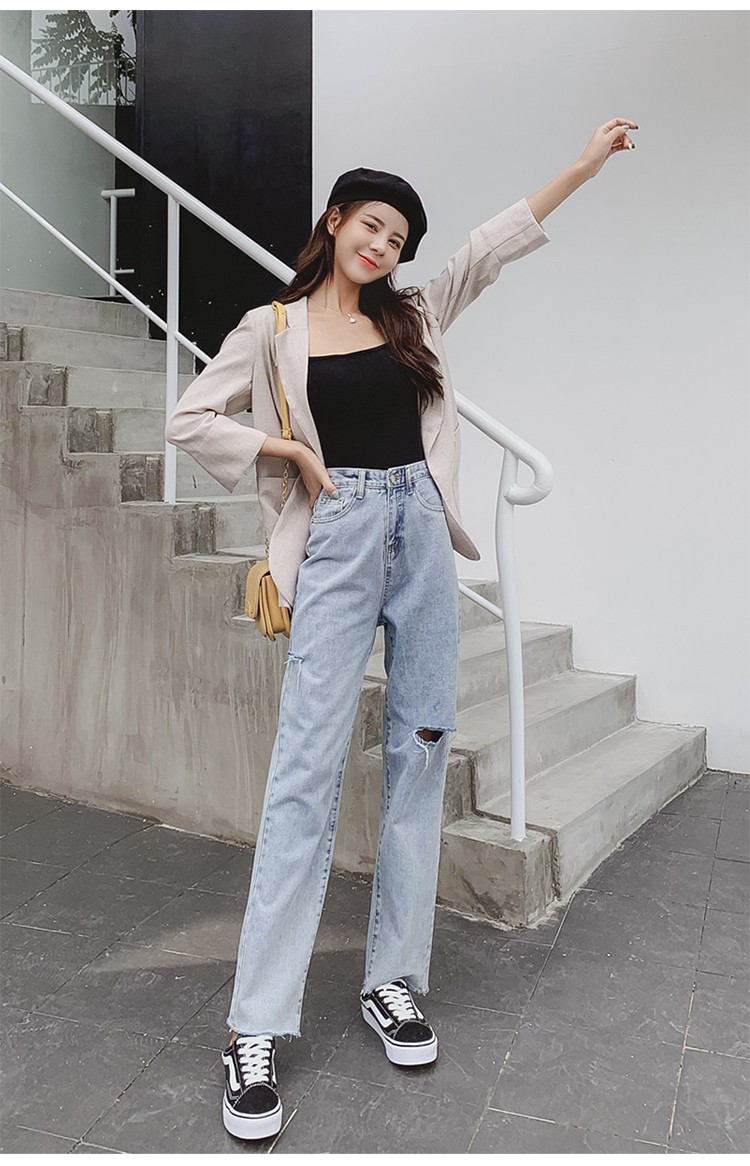 TK_ Amalin spot shot Korean jeans women's high waist denim trousers wide pants 2021 spring new Korean high waist straight pants loose wild nine pants old pants jeans