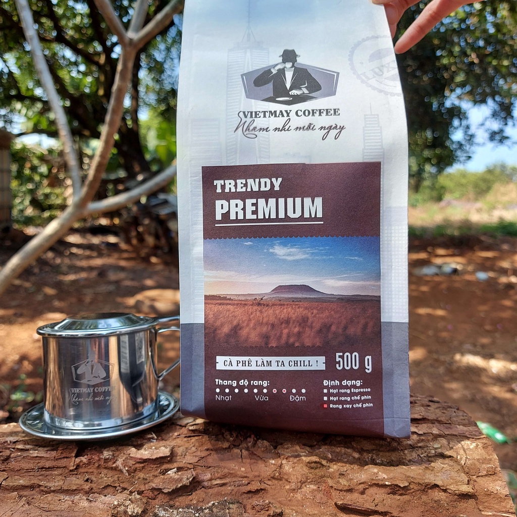 Combo Phin inox và 500g Cà phê bột VIETMAY COFEE rang mộc nguyên chất rang xay chế phin mix Robusta và Arabica Cầu Đất
