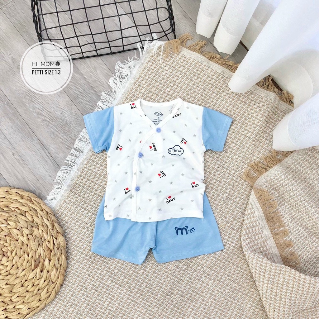 Bộ cộc tay  pettit thun lạnh Cài lệch Hi mom họa tiết I Love Mom Dad Family phối quần màu