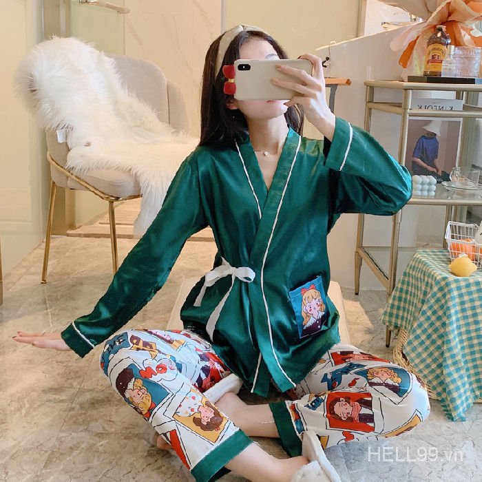 Bộ Đồ Ngủ Kimono Tay Dài Vải Lụa Lạnh Phối Dây Buộc Phong Cách Nhật Bản Thời Trang Xuân Thu Cho Nữ | BigBuy360 - bigbuy360.vn