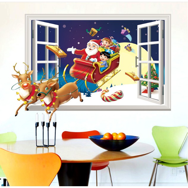 Decal dán tường Noel - Cửa Sổ hoạt hình Noel phát quà 02