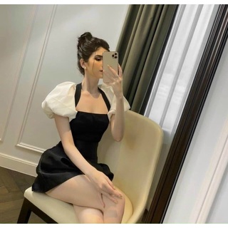 Set áo tay phối cúp ngực trắng đen