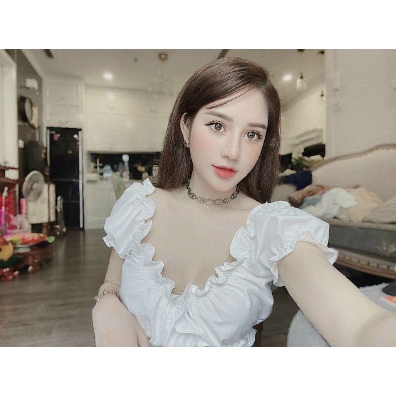 Áo croptop kiểu ôm tay ngắn, áo thun croptop tay phồng  cổ V viền bèo thắt nơ 2 màu LIKANO CRT77 | BigBuy360 - bigbuy360.vn
