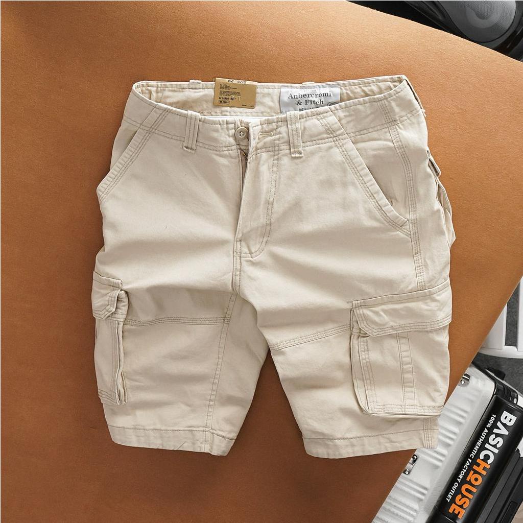 Quần short kaki túi hộp, Quần short nam chuẩn form mềm mịn trẻ trung sang trọng màu kem, xám - Basichouse