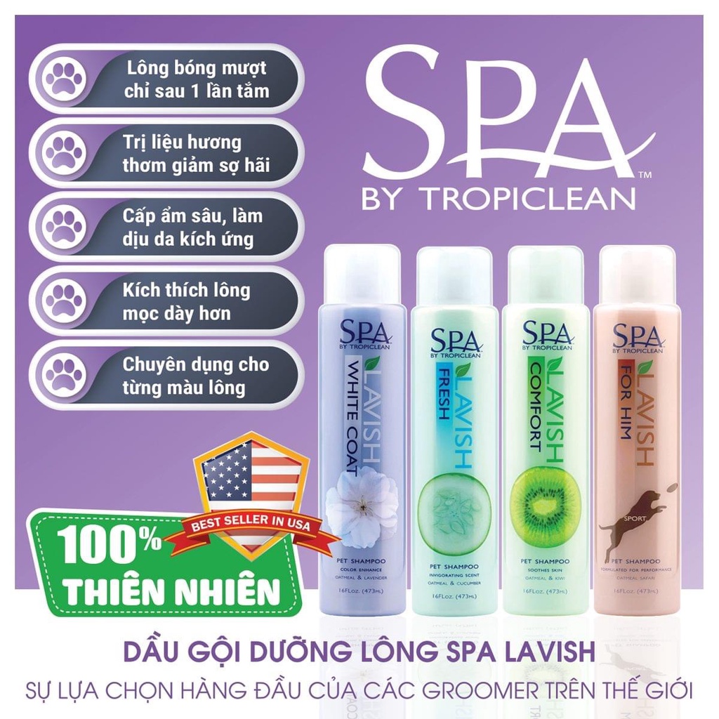 148ml - TROPICLEAN - DẦU GỘI DƯỠNG LÔNG HƯƠNG KIWI SPA COMFORT Sữa tắm cho chó dưỡng lông bóng mượt