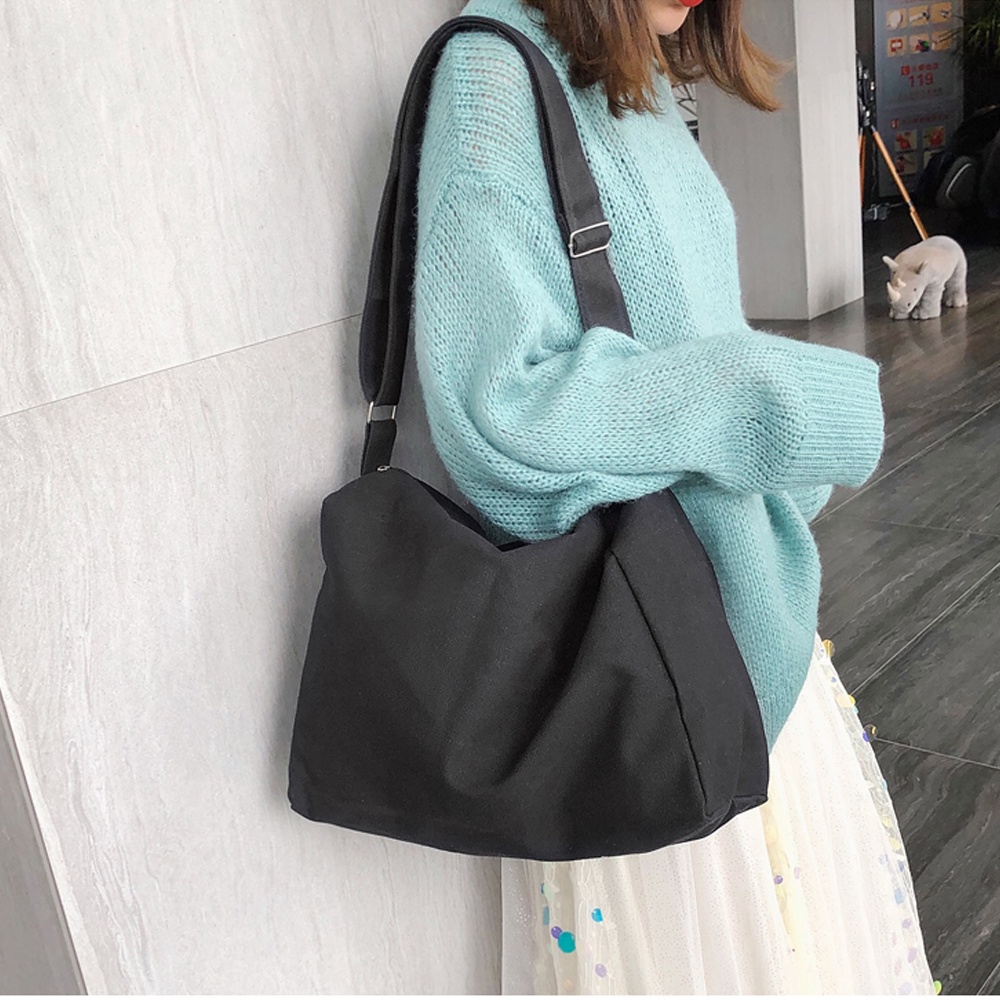 Túi Đeo Chéo Vải Canvas Cỡ Lớn Phong Cách Ulzzang Đựng Sách Vở Đồ Thoải Mái Đi Học Đi Chơi