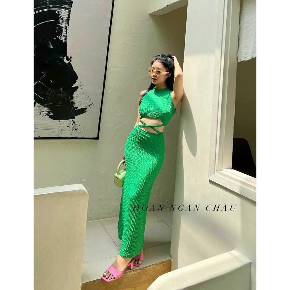 Set áo croptop cổ tròn mix chân váy bút chì dài
