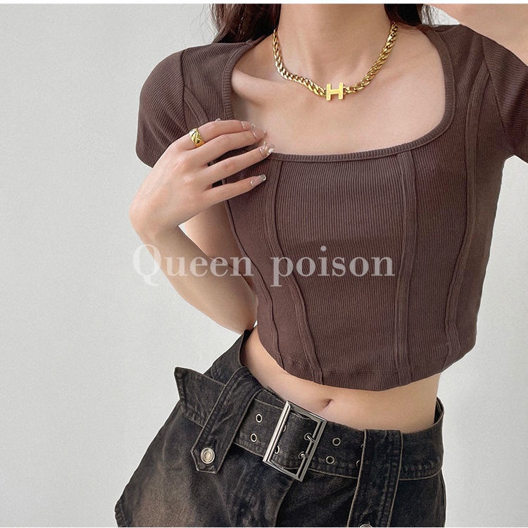 Áo thun COZOK tay ngắn cổ vuông thiết kế ôm phong cách cổ điển thời trang