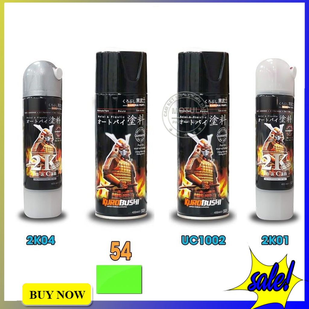 Combo 4 sơn xịt Samurai màu xanh lá huỳnh quang cao cấp (gồm 54 - UC1002 - 2K01 - 2K04 - Giấy nhám P800)