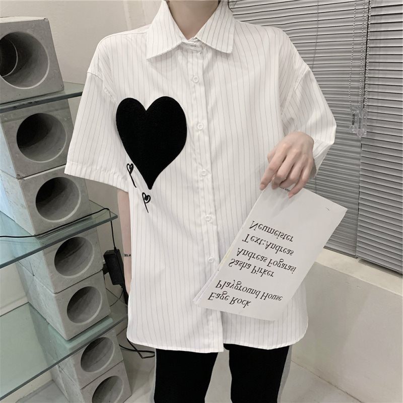 Summer Heart Printed Retro Design Top Niche Casual Loose-Fit-Style Hong Kong-Style BF Striped White Shirt Female