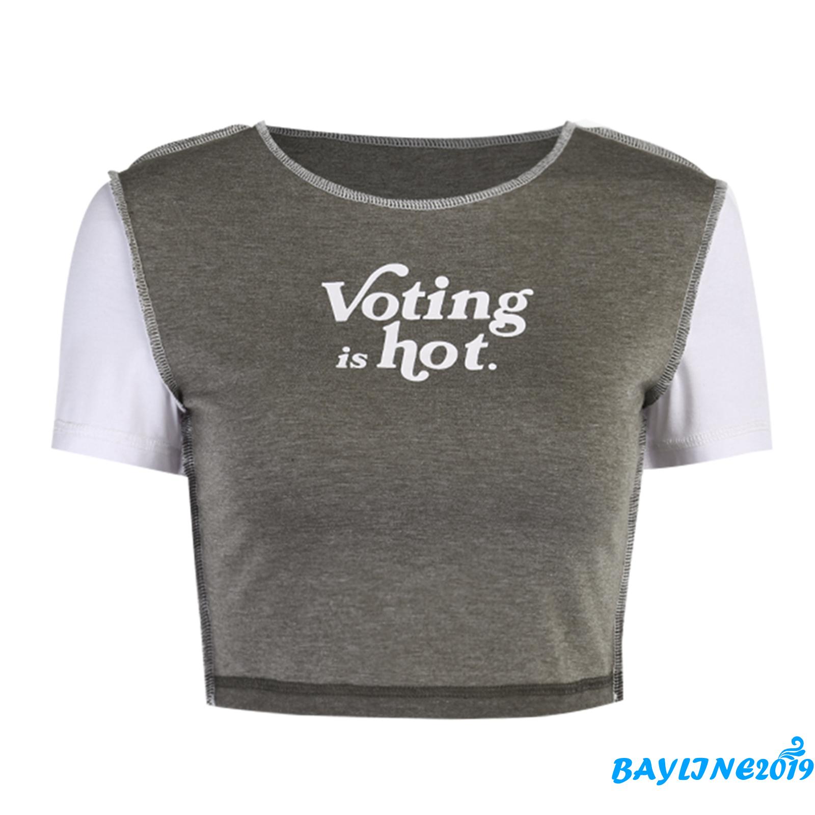 BAY-Women Short Sleeve Letter Print T-shirt Fashion Round Neck Color Block Crop Top for L | BigBuy360 - bigbuy360.vn