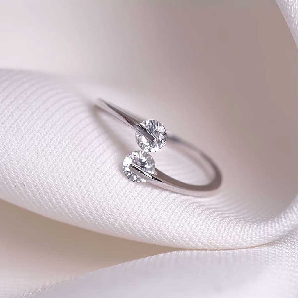 925 Silver Double Diamond Ring Open Ring Adjustable Size Simple Korean Style Ring Women Fashion Ring
